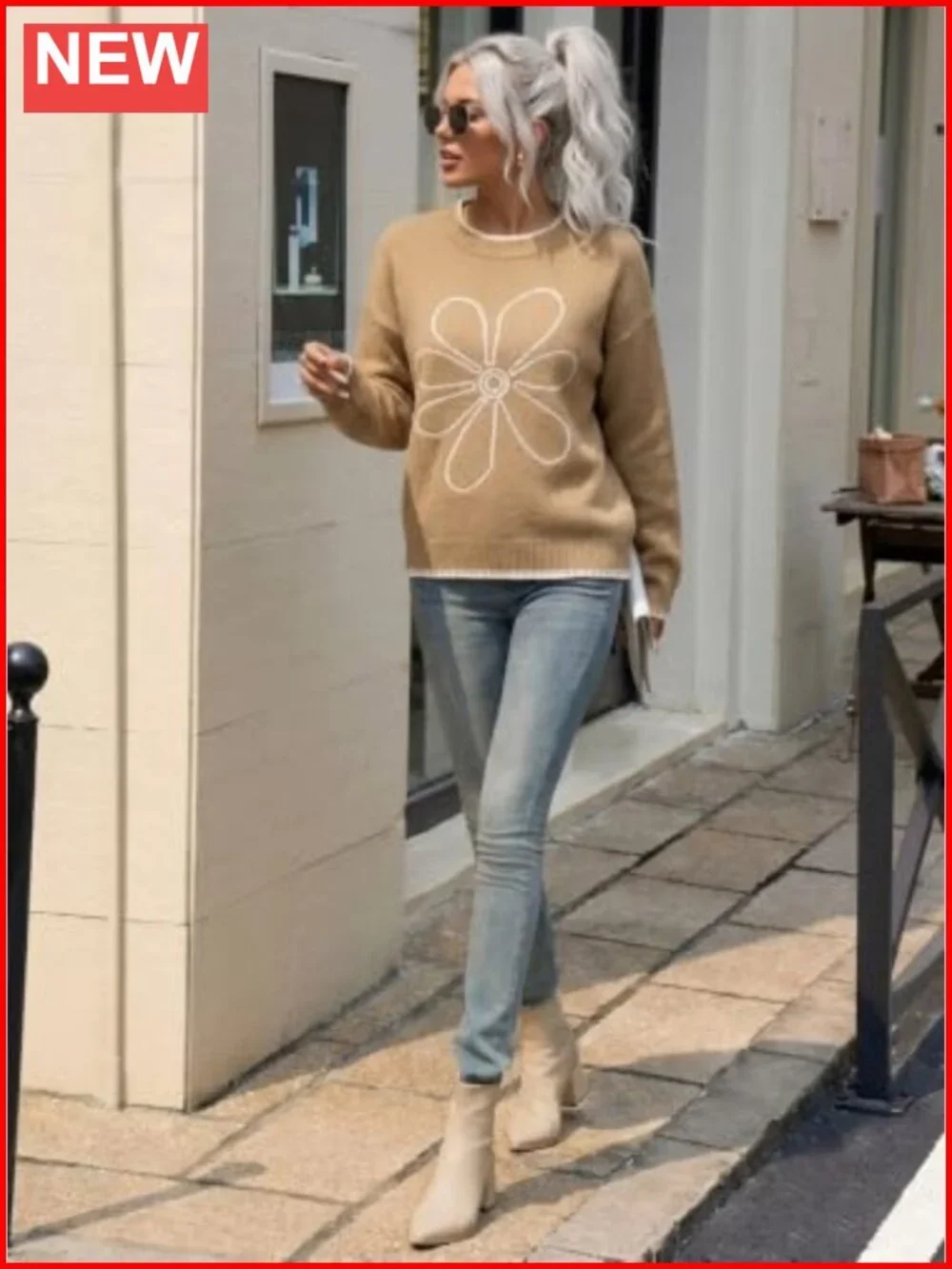 Women's Floral Oversized Knit Pullover Sweater Crew Neck Long Sleeve